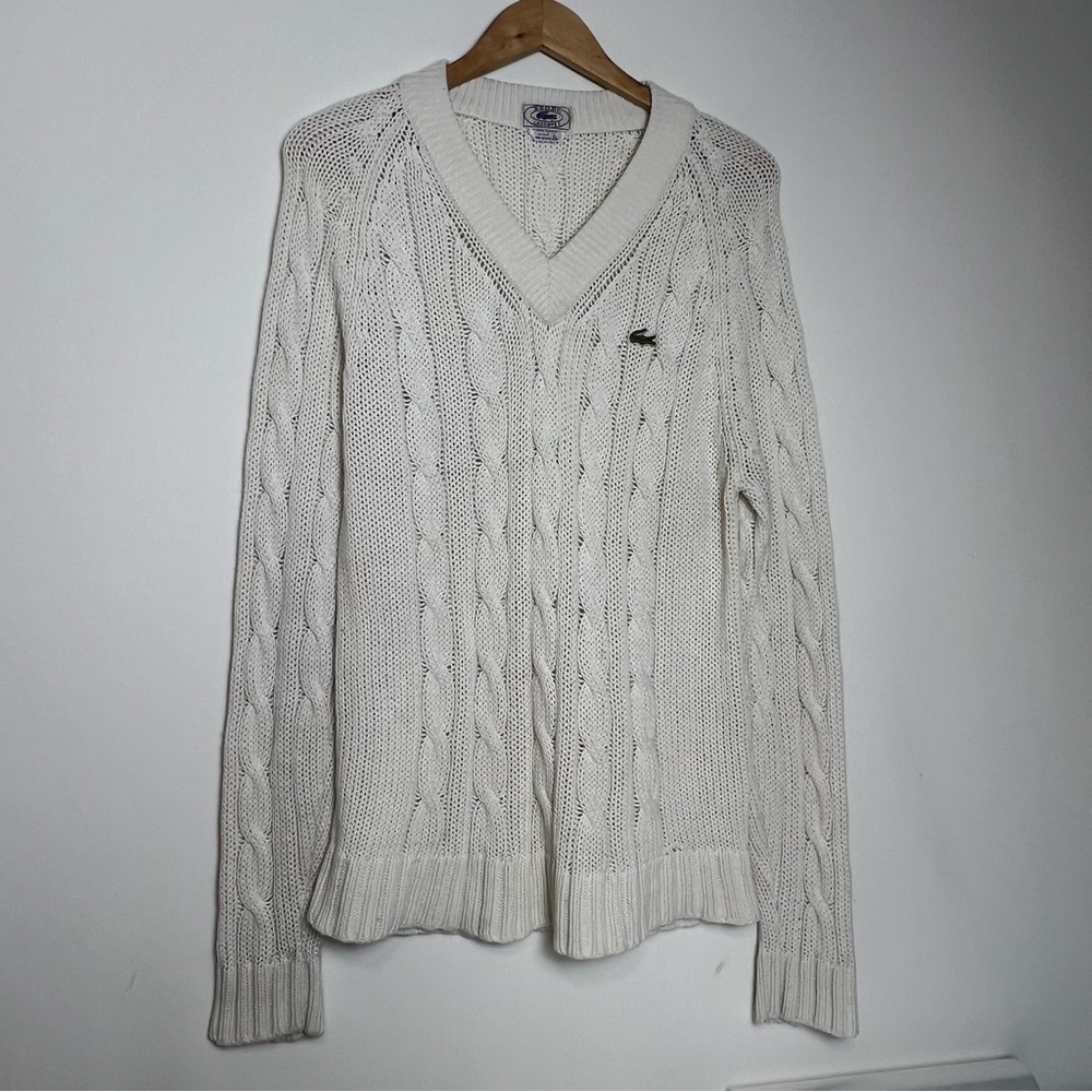 VINTAGE 80s Izod Lacoste Cable Knit Tennis Sweater - Cream - Made in HK